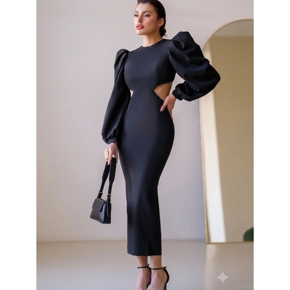 ELÁGIA Black Puff Sleeve Waist Cutout Midi Dress L Flawed Gem LBD Luxury Goth